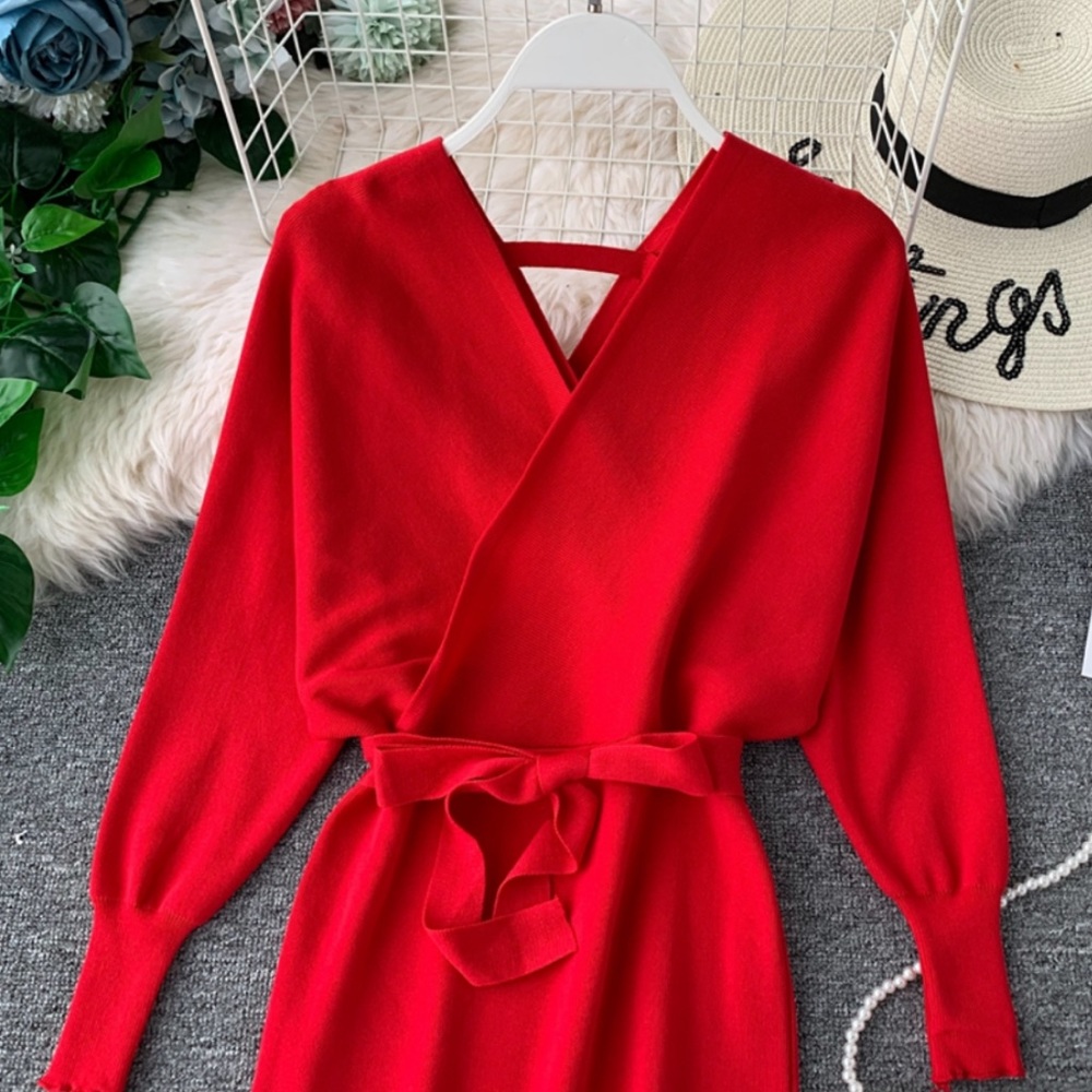 New! Red V Neck Wrap Ribbed Cashmere Sweater Dress - Picture 5 of 8